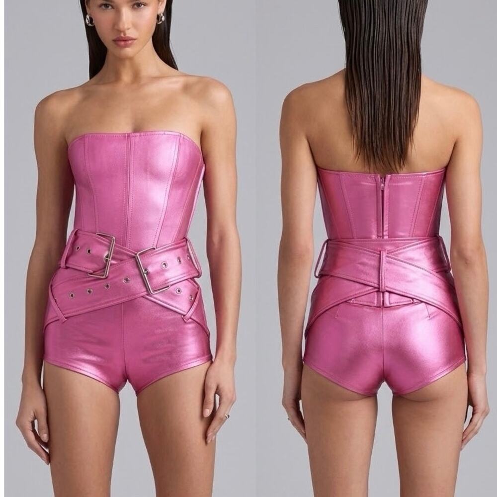 Hello Molly Metallic Pink Corset Romper Belt Grommet Y2K Rave Festival Galactic